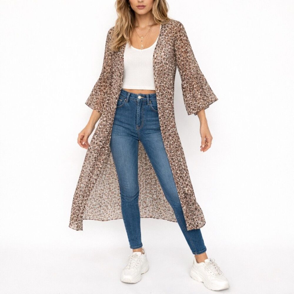 Umgee NEW Leopard Print Gold Flake Kimono Duster Bell Sleeve Boho Western S